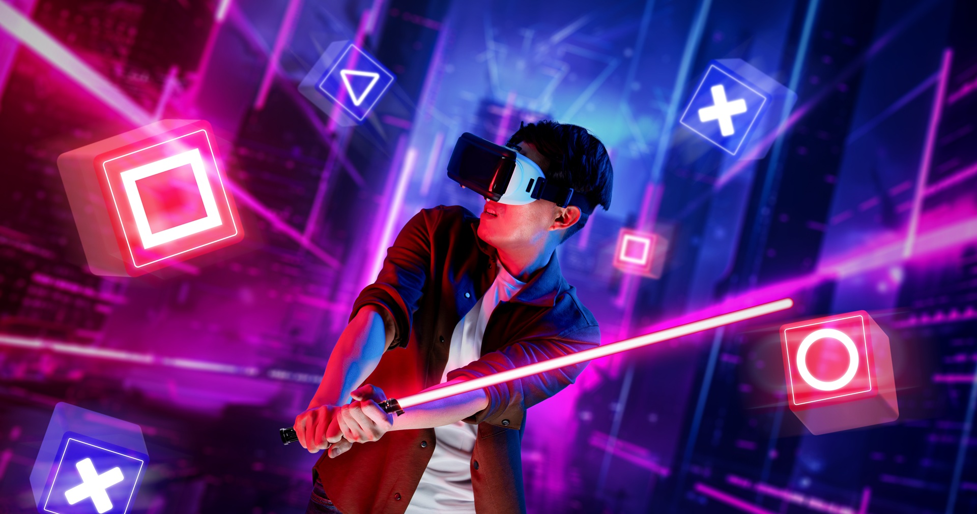 Gamer mit VR-Brille und Lichtschwert in futuristischer Welt | Palworld Server